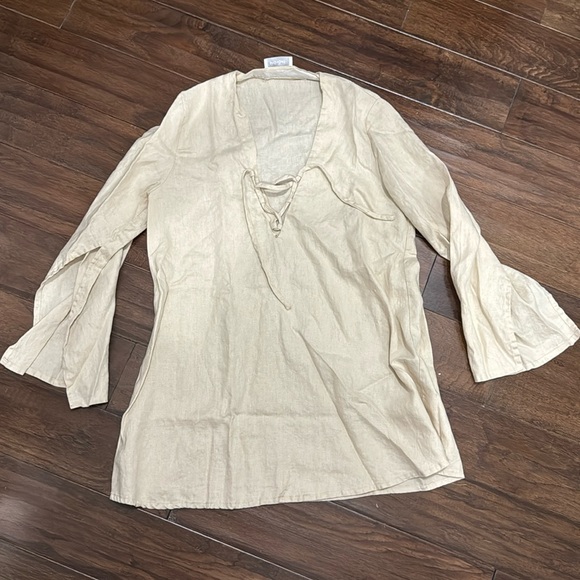 Monday Swimwear Sand Colored Linen Laceup Tunic Minidress. - Picture 3 of 5